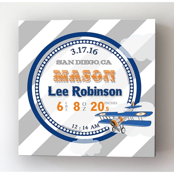 Personalized Canvas Birth Announcement Nursery Decor Gift, Airplane Design, Custom Name, Date, Weight & Length, Unique Boys & Girls Baby Shower Wall Art Presents, Color Gray # 1 , Size - 10x10