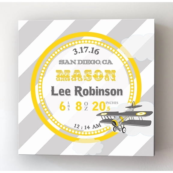 Personalized Canvas Birth Announcement Nursery Decor Gift, Airplane Design, Custom Name, Date, Weight & Length, Unique Boys & Girls Baby Shower Wall Art Presents, Color Yellow # 1, Size - 10x10