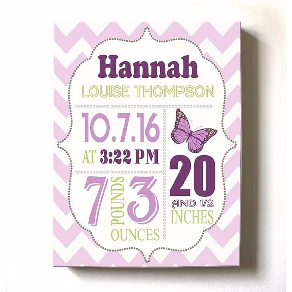 Personalized Canvas Birth Announcement Nursery Decor Gift, Butterfly Design, Custom Name, Date, Weight & Length, Unique Boys & Girls Baby Shower Wall Art Presents, Color Lilac # 3, Size - 16X20