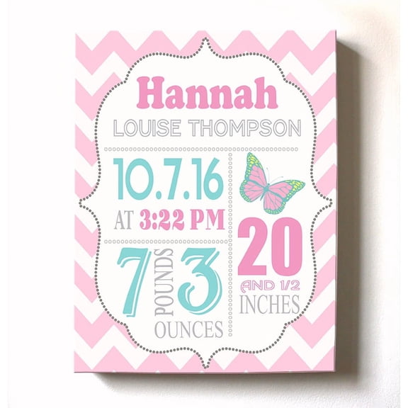 Personalized Canvas Birth Announcement Nursery Decor Gift, Butterfly Design, Custom Name, Date, Weight & Length, Unique Boys & Girls Baby Shower Wall Art Presents, Color Pink # 1 , Size - 8X10