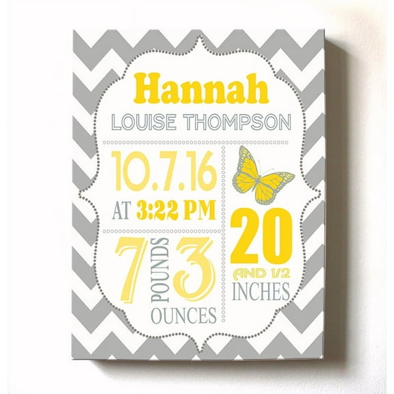 Personalized Canvas Birth Announcement Nursery Decor Gift, Butterfly Design, Custom Name, Date, Weight & Length, Unique Boys & Girls Baby Shower Wall Art Presents, Color Gray # 2, Size - 8X10