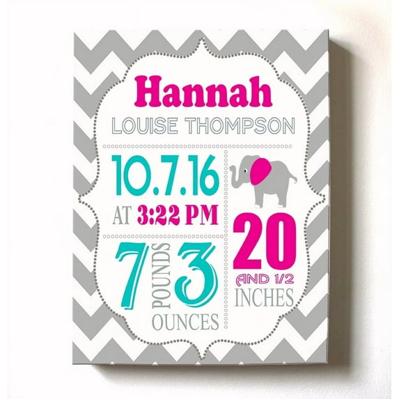 Personalized Canvas Birth Announcement Nursery Decor Gift, Elephant Design, Custom Name, Date, Weight & Length, Unique Boys & Girls Baby Shower Wall Art Presents, Color Gray # 5, Size - 10X12