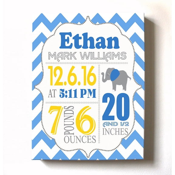 Personalized Canvas Birth Announcement Nursery Decor Gift, Elephant Design, Custom Name, Date, Weight & Length, Unique Boys & Girls Baby Shower Wall Art Presents, Color Blue, Size - 24X30
