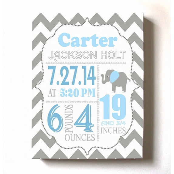 Personalized Canvas Birth Announcement Nursery Decor Gift, Elephant Design, Custom Name, Date, Weight & Length, Unique Boys & Girls Baby Shower Wall Art Presents, Color Gray # 7, Size - 10X12