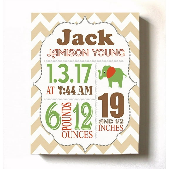 Personalized Canvas Birth Announcement Nursery Decor Gift, Elephant Design, Custom Name, Date, Weight & Length, Unique Boys & Girls Baby Shower Wall Art Presents, Color Tan, Size - 20X24