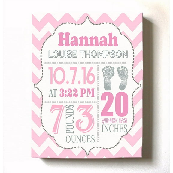 Personalized Canvas Birth Announcement Nursery Decor Gift, Footprint Design, Custom Name, Date, Weight & Length, Unique Boys & Girls Baby Shower Wall Art Presents, Color Pink # 2, Size - 8X10