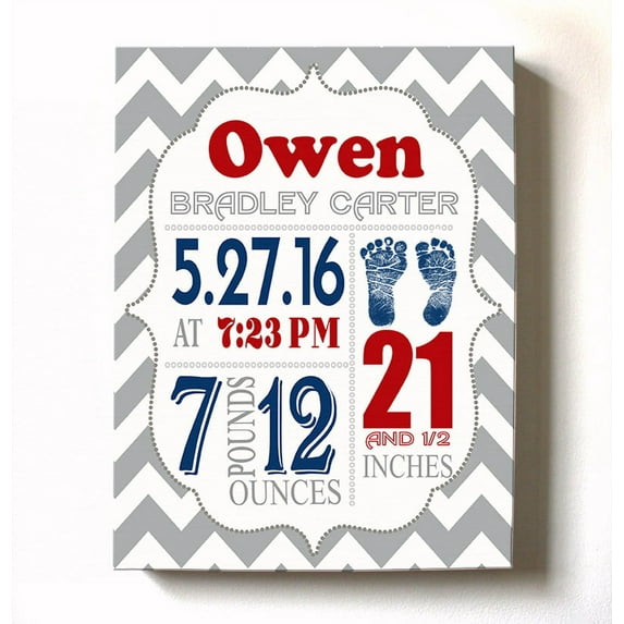Personalized Canvas Birth Announcement Nursery Decor Gift, Footprint Design, Custom Name, Date, Weight & Length, Unique Boys & Girls Baby Shower Wall Art Presents, Color Gray # 10, Size - 10X12