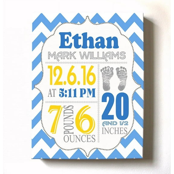 Personalized Canvas Birth Announcement Nursery Decor Gift, Footprint Design, Custom Name, Date, Weight & Length, Unique Boys & Girls Baby Shower Wall Art Presents, Color Blue, Size - 8X10