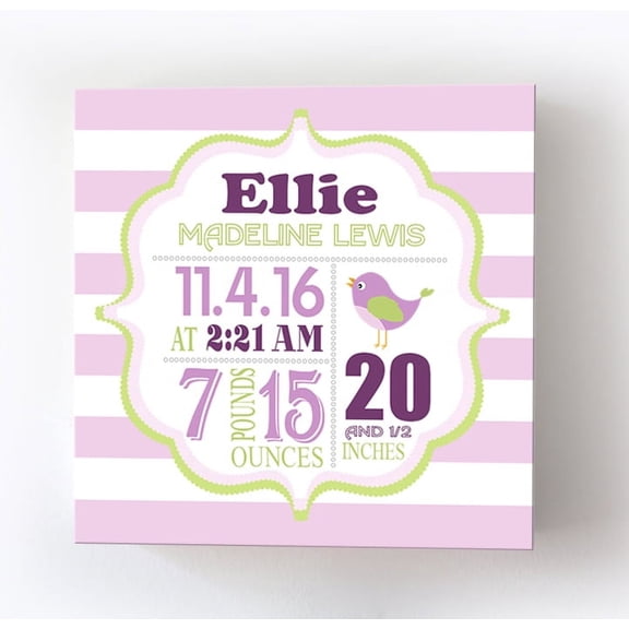 Personalized Canvas Birth Announcement Nursery Decor Gift, Lovebird Design, Custom Name, Date, Weight & Length, Unique Boys & Girls Baby Shower Wall Art Presents, Color Light Plum, Size - 12x12