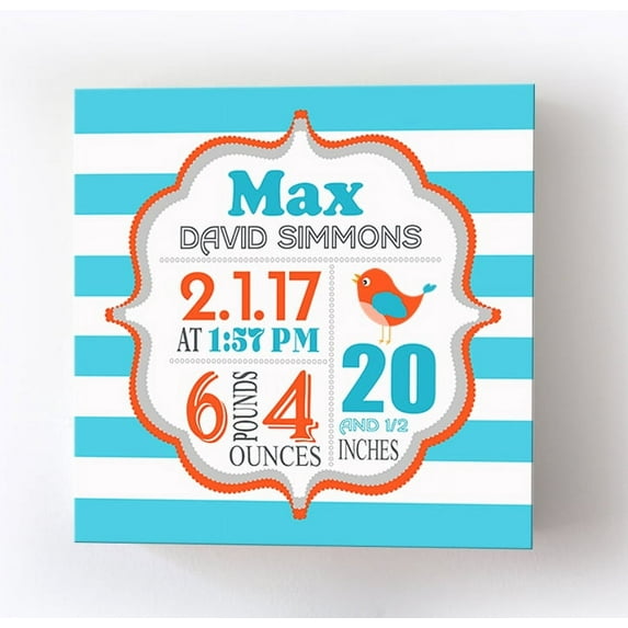 Personalized Canvas Birth Announcement Nursery Decor Gift, Lovebird Design, Custom Name, Date, Weight & Length, Unique Boys & Girls Baby Shower Wall Art Presents, Color Turquoise # 1, Size - 30x30