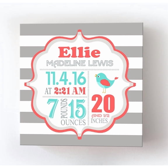 Personalized Canvas Birth Announcement Nursery Decor Gift, Lovebird Design, Custom Name, Date, Weight & Length, Unique Boys & Girls Baby Shower Wall Art Presents, Color Gray # 9, Size - 10x10