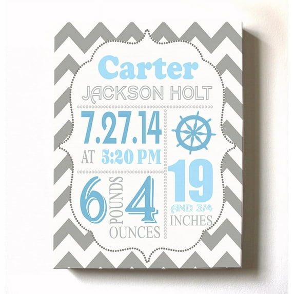 Personalized Canvas Birth Announcement Nursery Decor Gift, Nautical Design, Custom Name, Date, Weight & Length, Unique Boys & Girls Baby Shower Wall Art Presents, Color Gray # 7, Size - 8X10