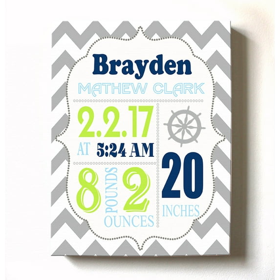 Personalized Canvas Birth Announcement Nursery Decor Gift, Nautical Design, Custom Name, Date, Weight & Length, Unique Boys & Girls Baby Shower Wall Art Presents, Color Gray # 12, Size - 24X30