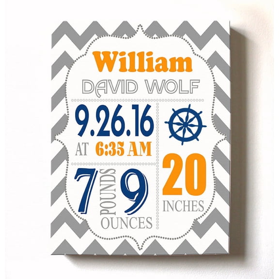 Personalized Canvas Birth Announcement Nursery Decor Gift, Nautical Design, Custom Name, Date, Weight & Length, Unique Boys & Girls Baby Shower Wall Art Presents, Color Gray # 6, Size - 8X10