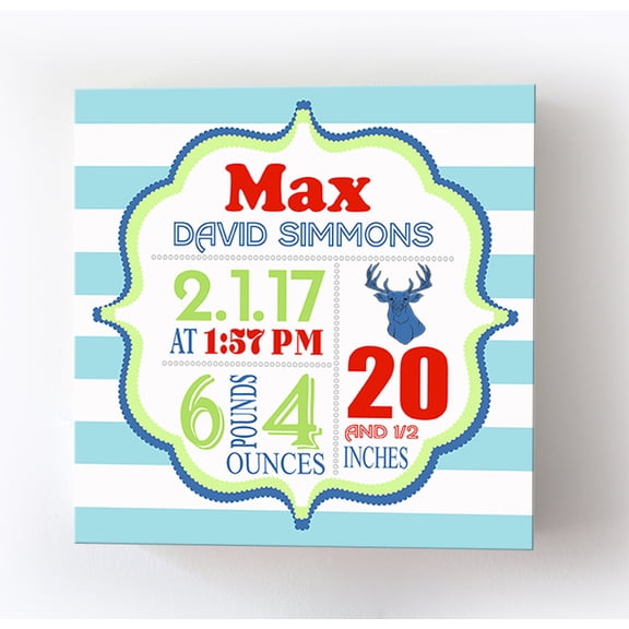 Personalized Canvas Birth Announcement Nursery Decor Gift, Safari Deer Design, Custom Name, Date, Weight & Length, Unique Boys & Girls Baby Shower Wall Art Presents, Color Aqua # 1, Size - 30x30