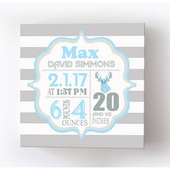 Personalized Canvas Birth Announcement Nursery Decor Gift, Safari Deer Design, Custom Name, Date, Weight & Length, Unique Boys & Girls Baby Shower Wall Art Presents, Color Gray # 4, Size - 12x12