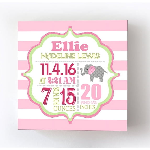 Personalized Canvas Birth Announcement Nursery Decor Gift, Safari Elephant Design, Custom Name, Date, Weight & Length, Unique Boys & Girls Baby Shower Wall Art Presents, Color Pink # 2, Size - 20x20