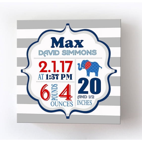 Personalized Canvas Birth Announcement Nursery Decor Gift, Safari Elephant Design, Custom Name, Date, Weight & Length, Unique Boys & Girls Baby Shower Wall Art Presents, Color Gray # 3, Size - 24x24