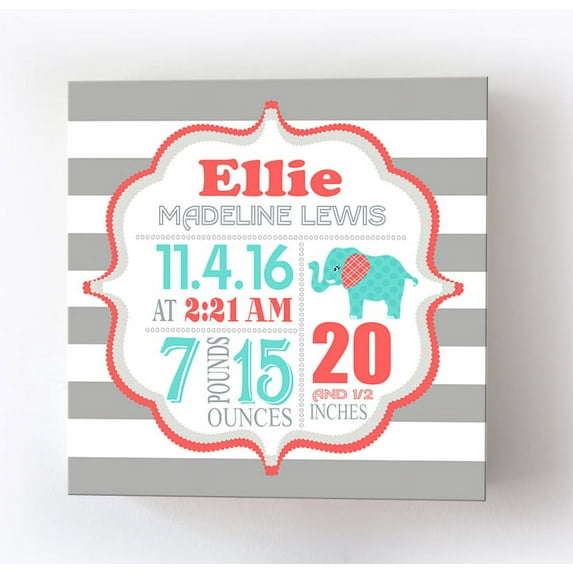Personalized Canvas Birth Announcement Nursery Decor Gift, Safari Elephant Design, Custom Name, Date, Weight & Length, Unique Boys & Girls Baby Shower Wall Art Presents, Color Gray # 9, Size - 20x20