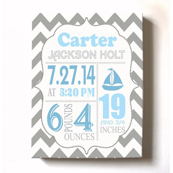 Personalized Canvas Birth Announcement Nursery Decor Gift, Sailboat Design, Custom Name, Date, Weight & Length, Unique Boys & Girls Baby Shower Wall Art Presents, Color Gray # 7, Size - 8X10