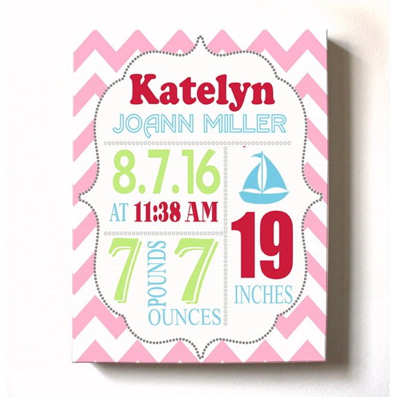 Personalized Canvas Birth Announcement Nursery Decor Gift, Sailboat Design, Custom Name, Date, Weight & Length, Unique Boys & Girls Baby Shower Wall Art Presents, Color Pink # 3, Size - 11X14