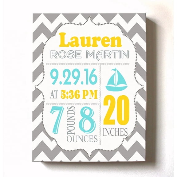 Personalized Canvas Birth Announcement Nursery Decor Gift, Sailboat Design, Custom Name, Date, Weight & Length, Unique Boys & Girls Baby Shower Wall Art Presents, Color Gray # 11, Size - 8X10