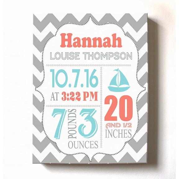 Personalized Canvas Birth Announcement Nursery Decor Gift, Sailboat Design, Custom Name, Date, Weight & Length, Unique Boys & Girls Baby Shower Wall Art Presents, Color Gray # 1, Size - 24X30