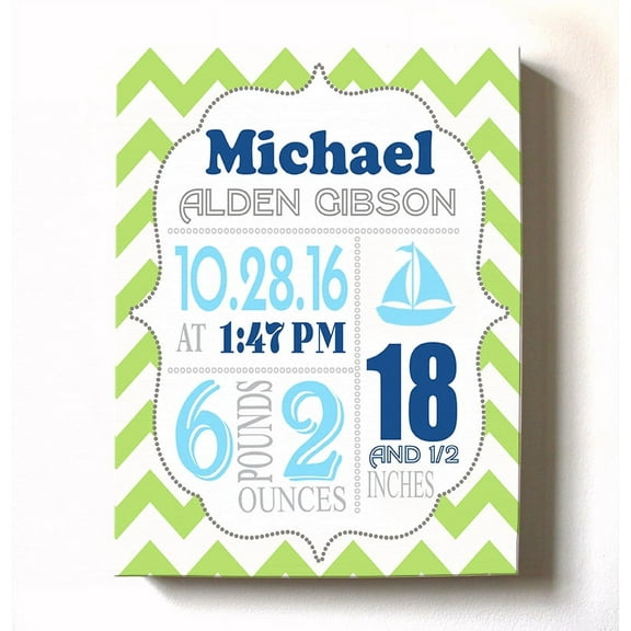 Personalized Canvas Birth Announcement Nursery Decor Gift, Sailboat Design, Custom Name, Date, Weight & Length, Unique Boys & Girls Baby Shower Wall Art Presents, Color Green, Size - 11X14