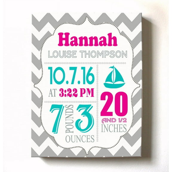 Personalized Canvas Birth Announcement Nursery Decor Gift, Sailboat Design, Custom Name, Date, Weight & Length, Unique Boys & Girls Baby Shower Wall Art Presents, Color Gray # 5, Size - 10X12