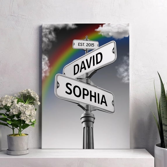 Personalized Canvas Vintage Street Sign For Couples, Crossroads Street Sign Best Gift For Сouple, Rainbow Name And Date Vintage Street Sign Canvas Poster Print, Wedding Street Poster Or Canvas