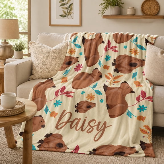 Personalized Capybara Floral Fleece Throw Blanket, Custom Name, Soft 280 Gsm Polyester, Animal Lover Decor for Couch, Sofa & Bed