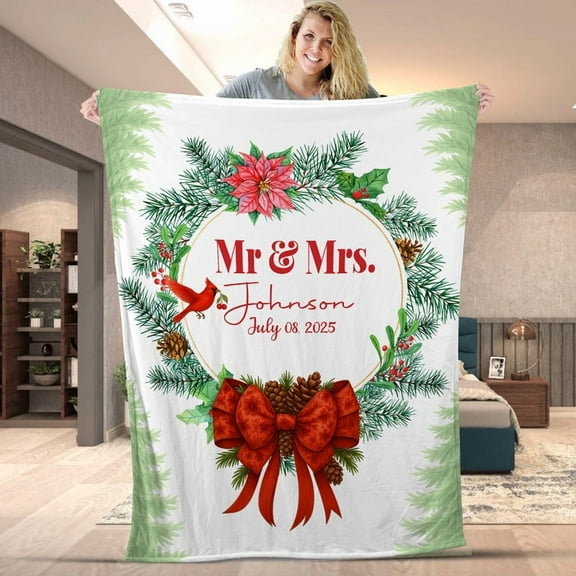 Personalized Cardinal Couple Christmas Wreath Poinsettia Floral Blanket -Custom Wedding Gift with Date, Couple Winter Festive Holiday Merry Xmas Fleece & Sherpa Blanket