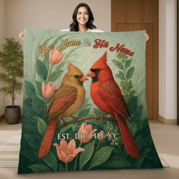 Personalized Cardinal Couple Quilt Blanket with 'Her Name & His Name', Custom Romantic Couple Quilt Blanket