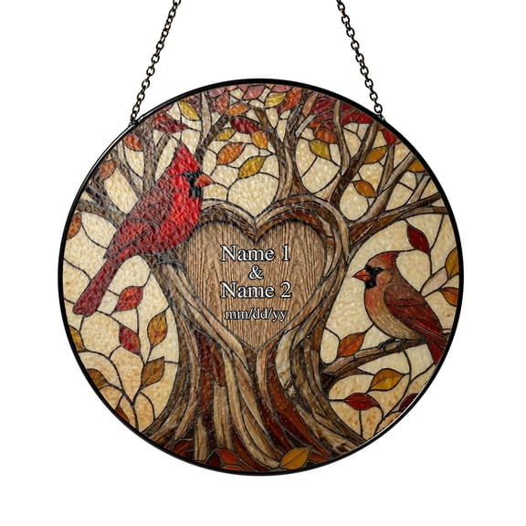 Personalized Cardinal Stained Glass Suncatcher, Custom Names and Date Heart-Shaped Tree Trunk Window Decor, Romantic Red Glass Window Hanging Decor