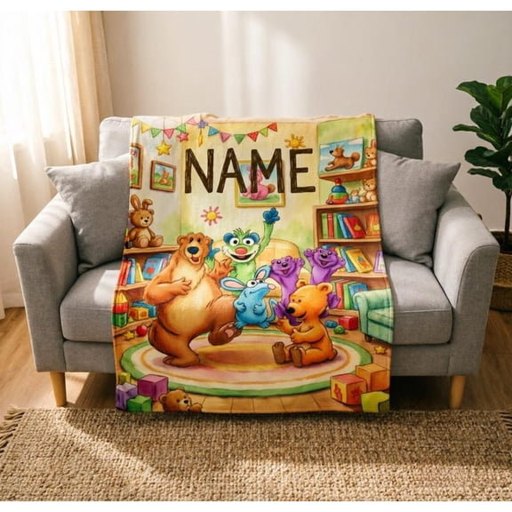 Personalized Cartoon Bear Fleece Blanket, Custom Name Kids Nursery Throw