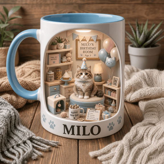 Personalized Cat Birthday Mug Custom Cat Name & Age Pastel Party Coffee Cup Gift
