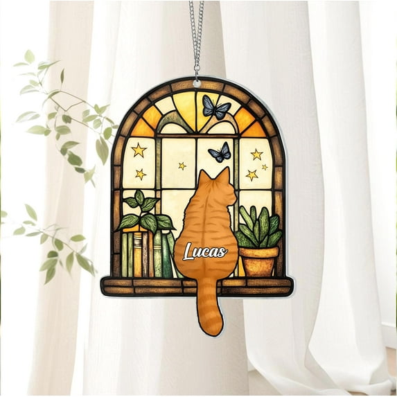 Personalized Cat Book Suncatcher, Reading Cat Gift For Book Club Decor Book Lover Gift, Cat Book Flower Gift, Cat Lover,Gift for Book Lovers