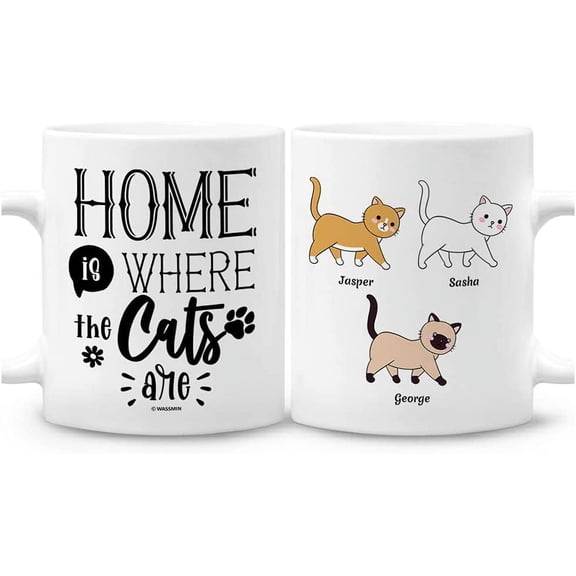 Personalized Cat Dad Mom Mug Home Is Where Cats Are Coffee Mugs Cups 11oz 15oz Birthday Christmas Fathers Day Mother's Day Gifts For Best Kitten Owners Pet Lovers With Custom Name (3 Cats)