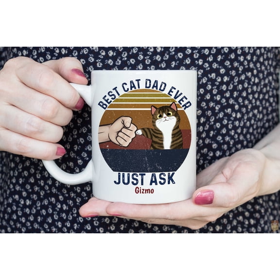 Personalized Cat Dad Mug with Custom Cat Image and Name, Vintage Style Cat Lover Coffee Cup, Funny Cat Love Gift for Adults