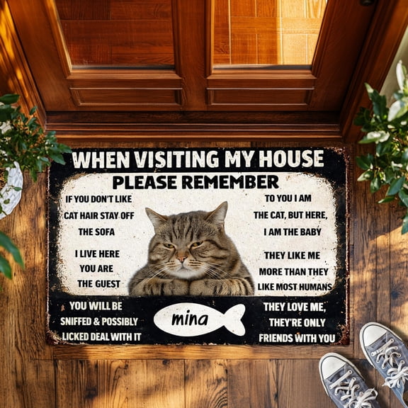 Personalized Cat Doormat, Custom Name & Photo When Visiting My House Please Remember Welcome Mat for Front Door Indoor Entrance, Non-Slip Absorbent Floor Rug