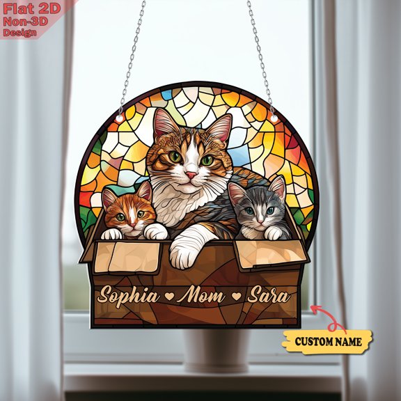Personalized Cat Family Stained Glass Effect Acrylic Window Hanging – Custom Name Sun Catcher – Adorable Home Decor for Cat Lovers – Unique Gift for Pet Owners & Moms