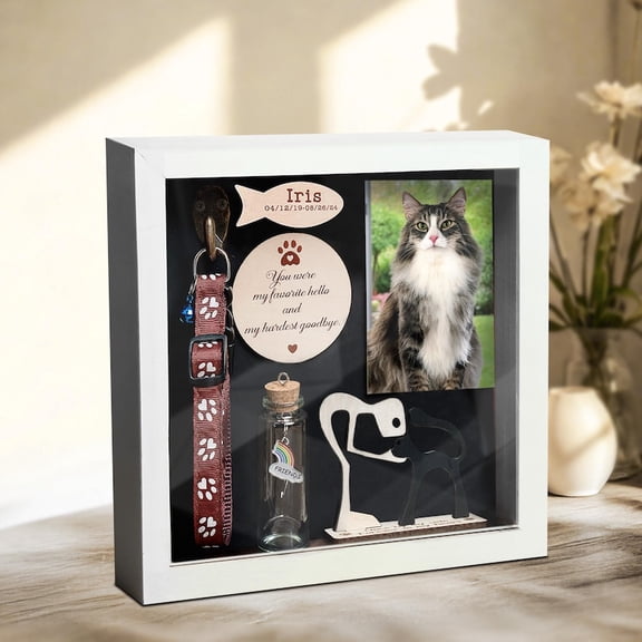 Personalized Cat Memorial Shadow Box, Pet Keepsake Frame with Collar Holder, Dog Cat Remembrance Gifts with Custom Photo and Fur Jar