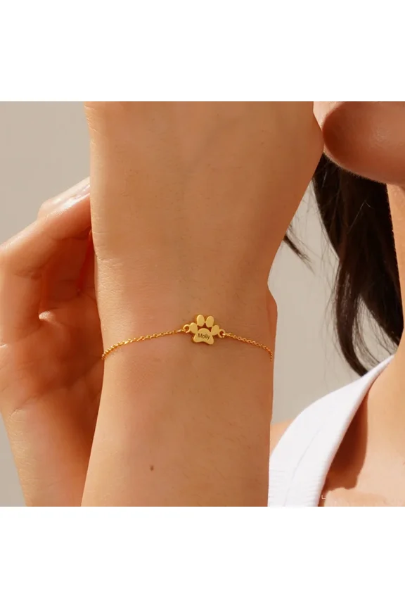 Personalized Cat Paw Bracelet, 14K Yellow Gold Custom Carved Name, Cute, Simple And Fashionable Style, Birthday Gift