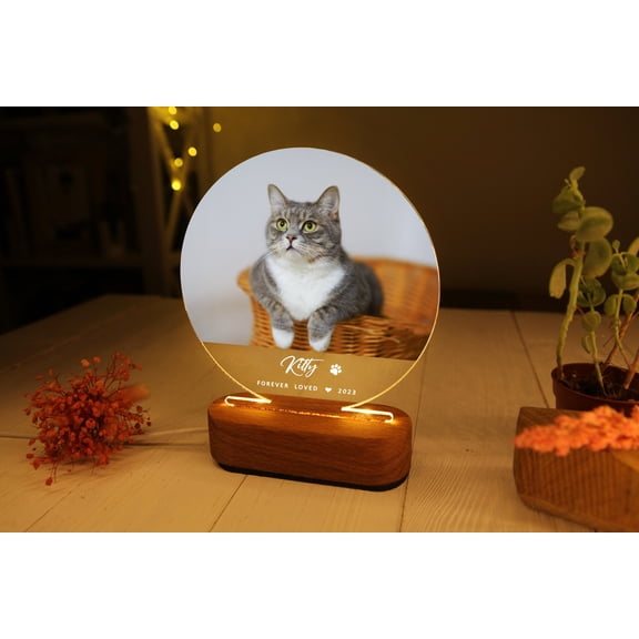 Personalized Cat Photo Night Light Custom Pet Memorial Acrylic Lamp With Wood Base Cat Mom Gift For Christmas