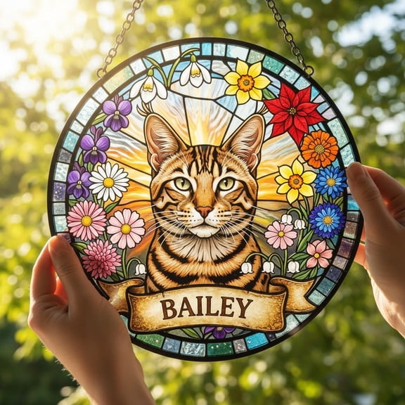 Personalized Cat Portrait Stained Glass Suncatcher, Custom Pet Memorial Window Hanging, Cat Loss Keepsake Gift