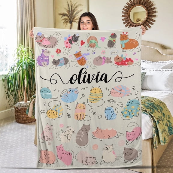 Personalized Cat Sherpa Fleece Blanket – Custom Name Cozy Cat Lover Gift