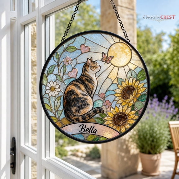 Personalized Cat Stained Glass Suncatcher – Custom Memorial Window Hanging, Pet Loss Sympathy Gift for Cat Lovers
