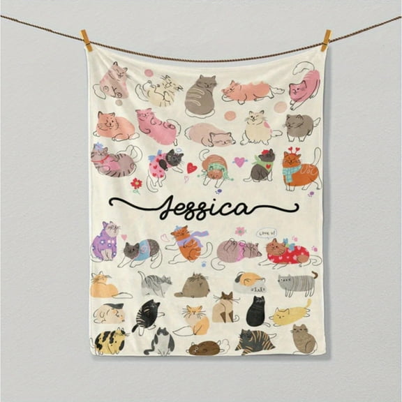 Personalized Cat Theme Flannel Fleece Throw Blanket with Custom Name - Digital Print Soft Cozy Sherpa for Cat Lovers, Pet Parents
