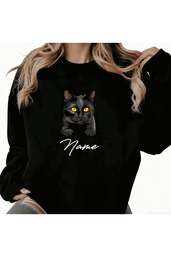 Personalized Cat Tops - Adjustable Name Design Long Sleeve Sweatshirt Crewneck Featuring Feline Portrait Pattern, Custom Pet Lover Pullover