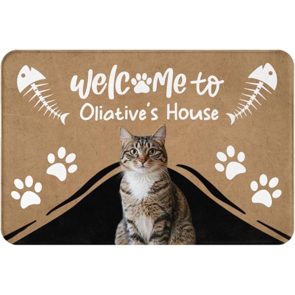 Personalized Cat Welcome Doormat Custom Text Photo Logo Non Slip Indoor Outdoor Entrance Rug Front Door Mat 16 x 24 Inch